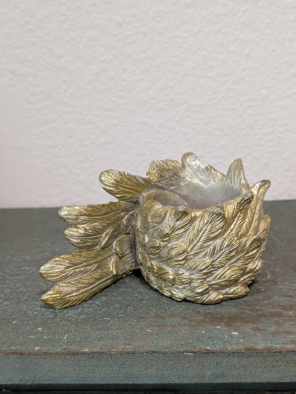 Gold Metallic Resin Tealight Votive Candle Holder Carved Angel / Swan Like Wing